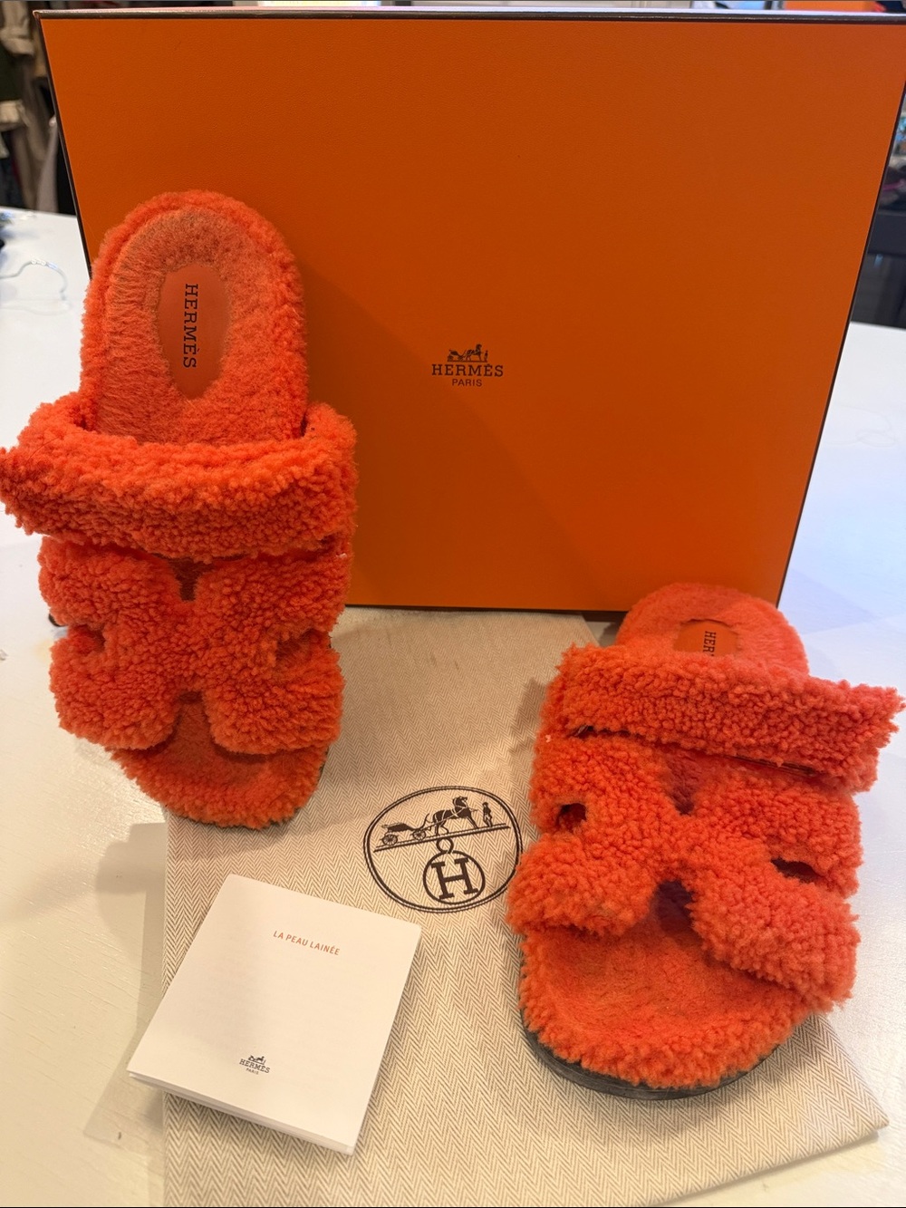 Hermes Chypre Orange Shearling Sandals with box and dust bags - size 39